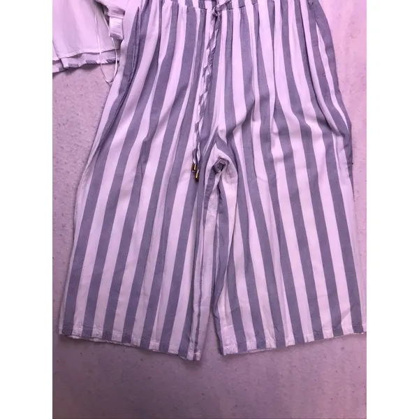 Allie Rose 2 Piece Set Women Small Blue White Striped Crop Top Pants AT5831 - Image 8
