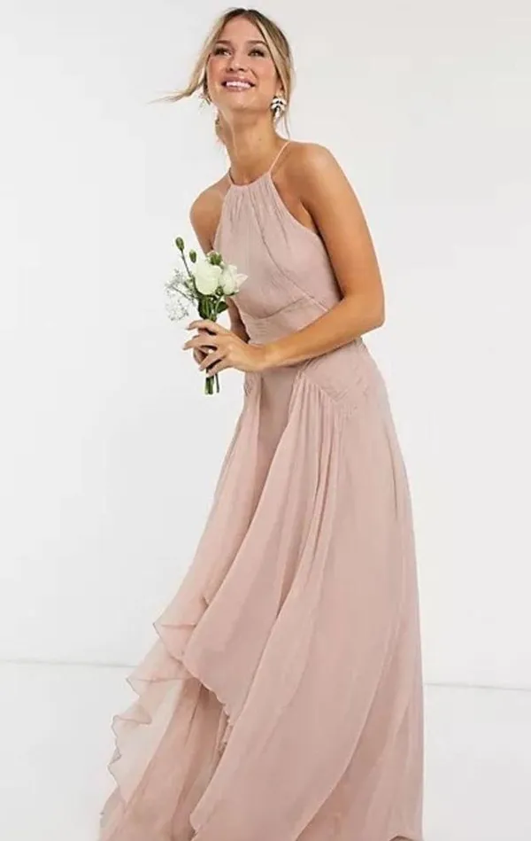 ASOS Design Bridesmaid Pink Blush Pinny Ruched Bodice Chiffon Maxi Dress Size 2 - Image 3