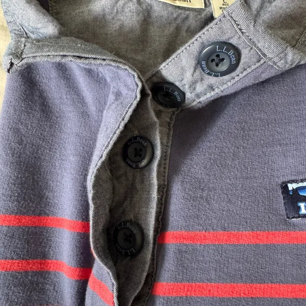 LL Bean Sweatshirt Katahdin Logo Cotton Stripe Henley‎ Pullover Navy Red L Rugby - Image 8