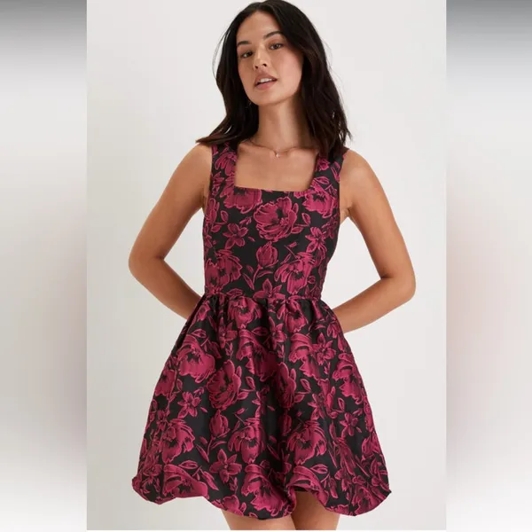 Lulus Posh Invite Black Floral Jacquard Square Neck Corset Mini Dress NWT Medium - Image 4