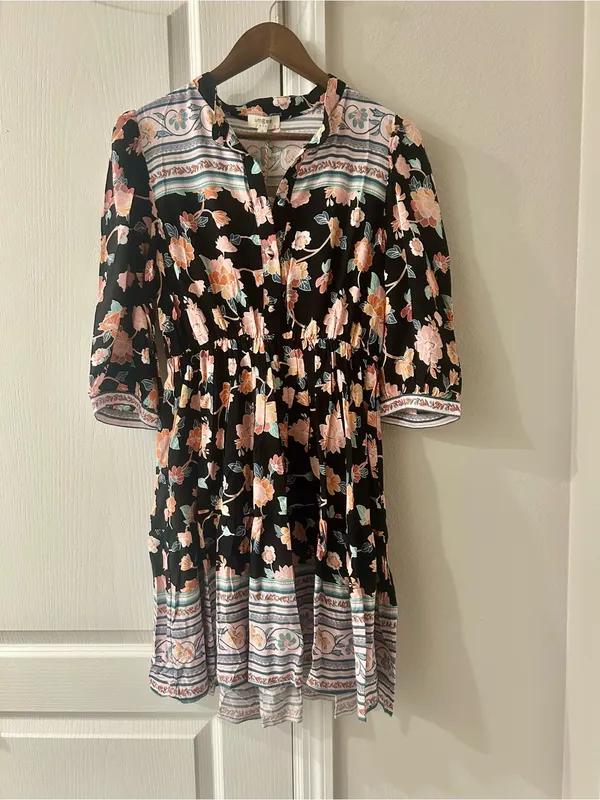 Umgee Black Floral Midi Dress with Pink and Peach Blooms - Image 2