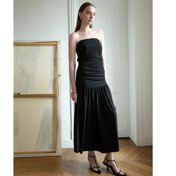 Pixie Market Women's Solid Ruched Black Strapless Flared Long Maxi Dress Size L Size L - Image 3