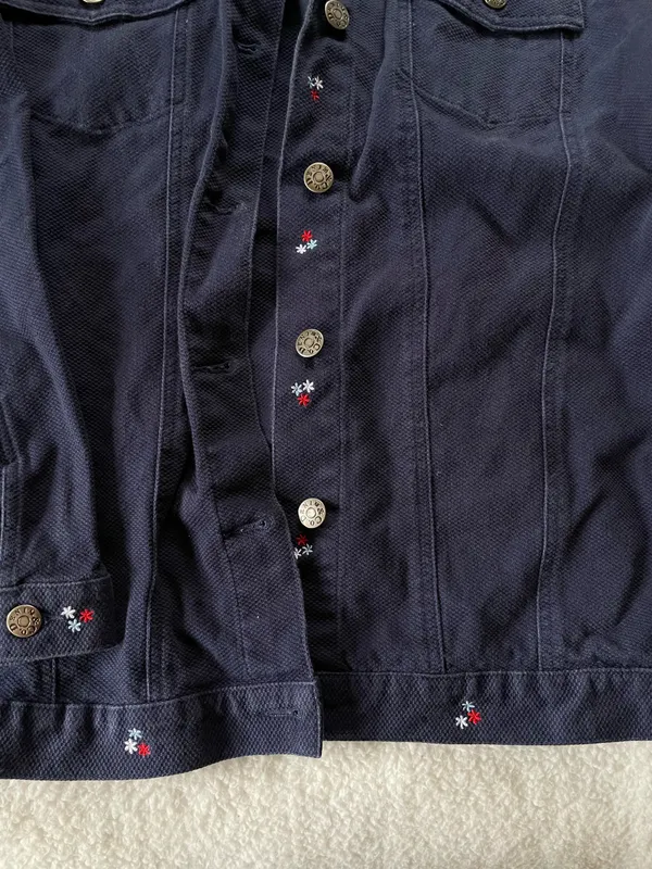 Denim & Co Navy Blue Jean Jacket Embroidered Flowers Red White Blue Patriotic 1X - Image 4