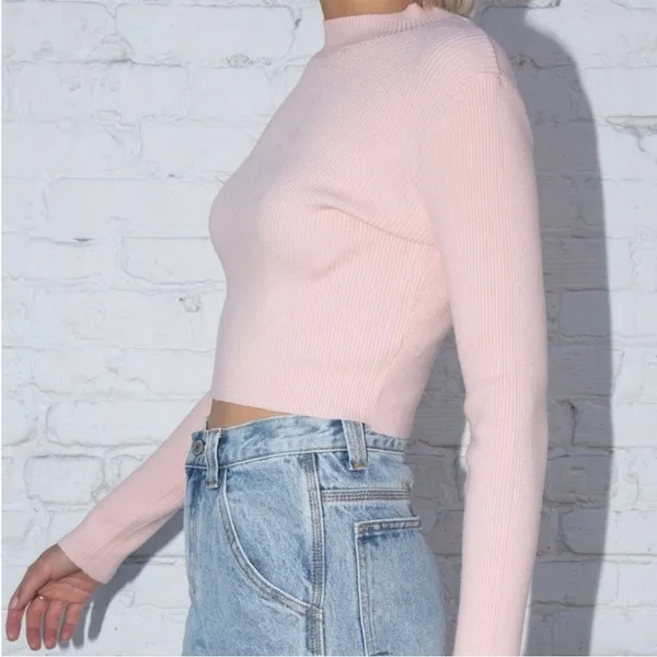 Brandy Melville Brett Top Ribbed Cropped Long Sleeve One Size Small Pink - Image 4