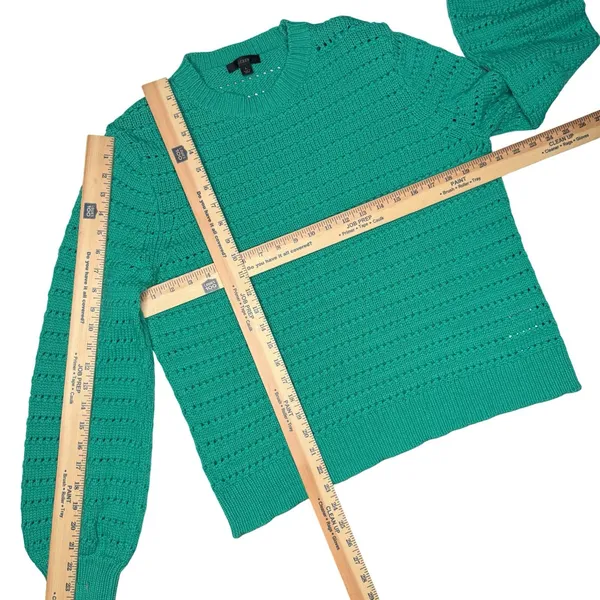 J.Crew Teal Open Knit Cotton Blend Sweater Large Pullover Crewneck Green - Image 8
