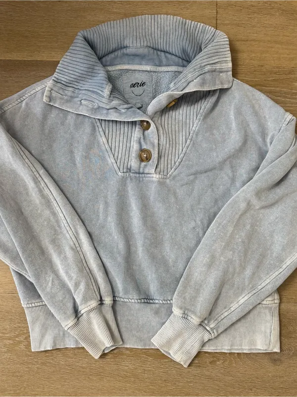 Aerie Light Blue Ribbed Collar Pullover with Button Placket - Image 2