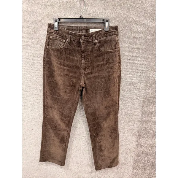 Zara Womens Jeans Size 8 Brown Velvet Straight Leg High Rise Cropped Pants - Image 3
