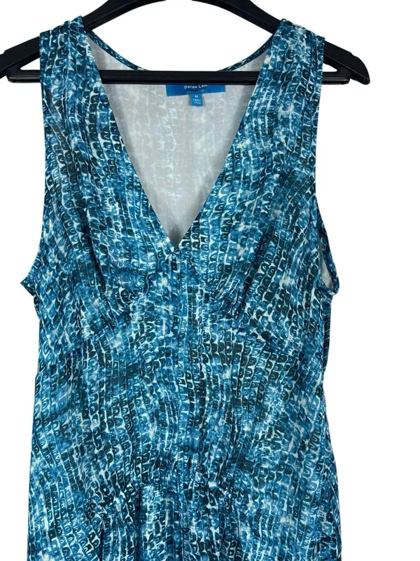 Derek Lam Blue Ocean Wave Maxi Dress Resort Beachy Ruched Empire Sleeveless M - Image 3