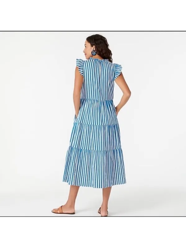 J. Crew Tiered Cotton Dobby Dress in Cape Blue White Green Stripe Large - Image 6