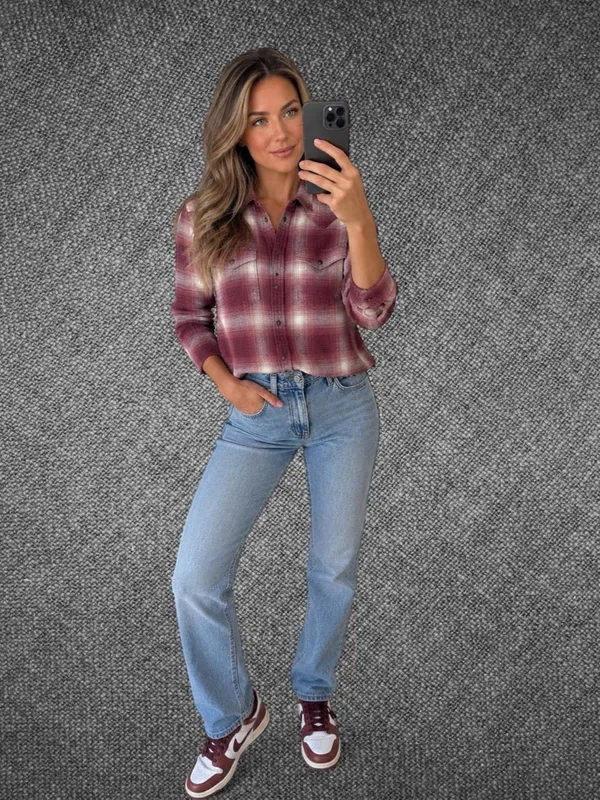 American Eagle Women’s Burgundy Cream Plaid Oversized Western Flannel Shirt - Image 3