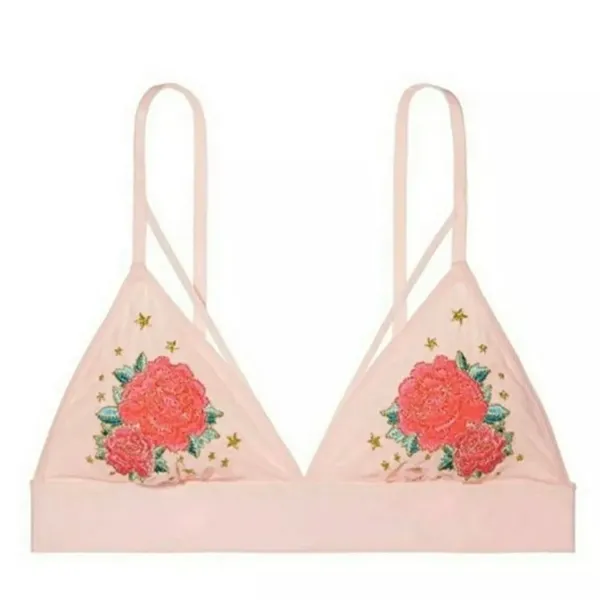 PINK Victoria's Secret Bralette Sz Small Peach Floral Embroidered‎ Star Mesh NEW - Image 4