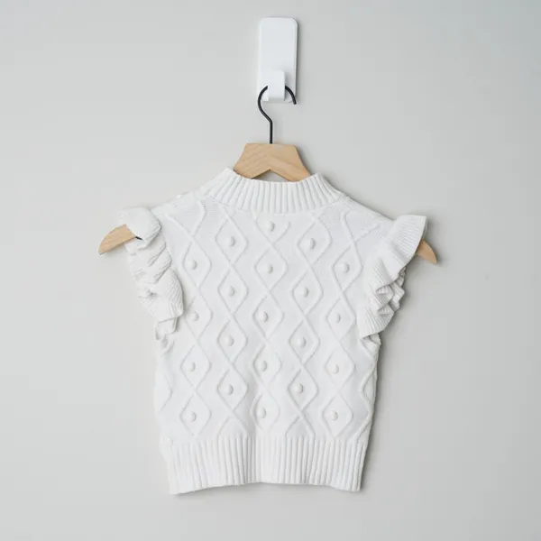 Vestique Cropped Sweater Vest Top Ruffle Cap Sleeves Pompom Jacquard Mock Neck M - Image 5