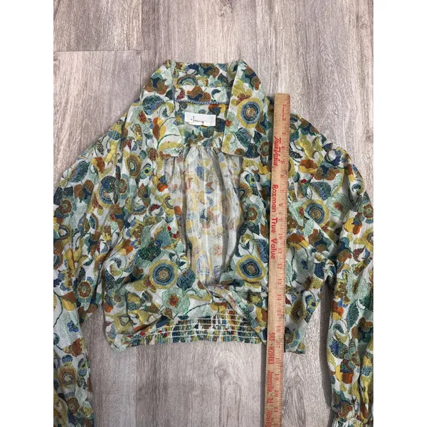 Anthropologie Floral Twist Front Crop Top Balloon Sleeve Smocked Womens Medium - Image 5