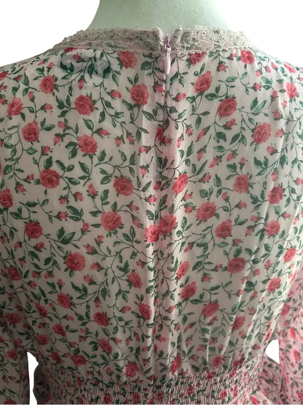Pink Floral Long-Sleeve V-Neck Ruffled Mini Dress - Image 5