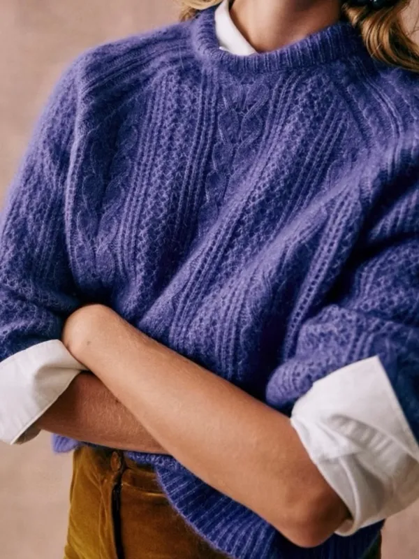 Sézane Scarlett Kid Mohair Wool Blend Cable Knit Jumper Sweater Purple Size XS - Image 4