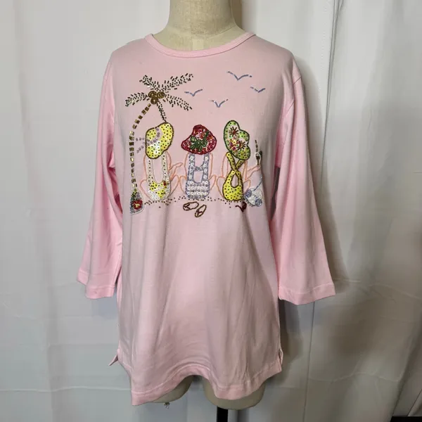 The Quacker Factory Pink Beach Beaded Flip Flop Tunic Top M QVC Coastal BFF - Image 3