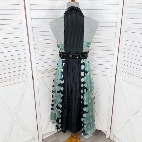 Zara Beaded Silk Pleated Multi Pattern Fit‎ Flare Halter Dress Black Teal Medium - Image 4