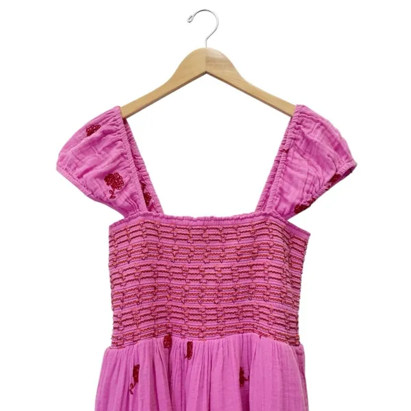NWT Free People Tory Embroidered Mini Dress Pink Smocked Floral Boho Size Large - Image 7