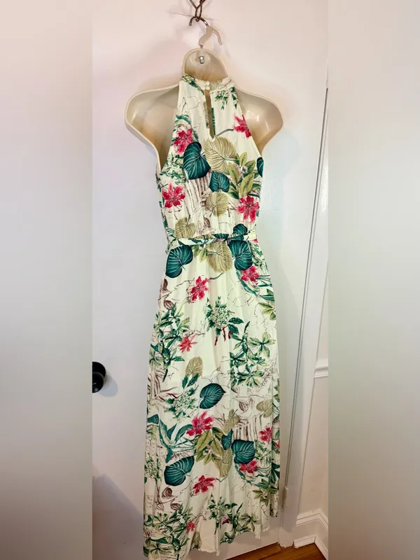 SHEIN XS 2 Tropical Floral Halter Maxi Dress Cream Green Pink Viscose Belted - Image 9