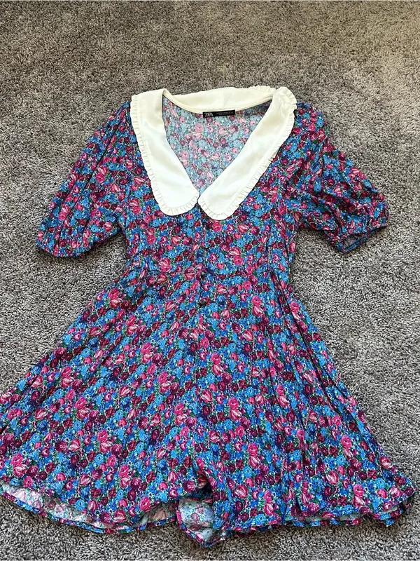 Zara Floral Mini Dress with White Peter Pan Collar - Blue & Pink - Image 2