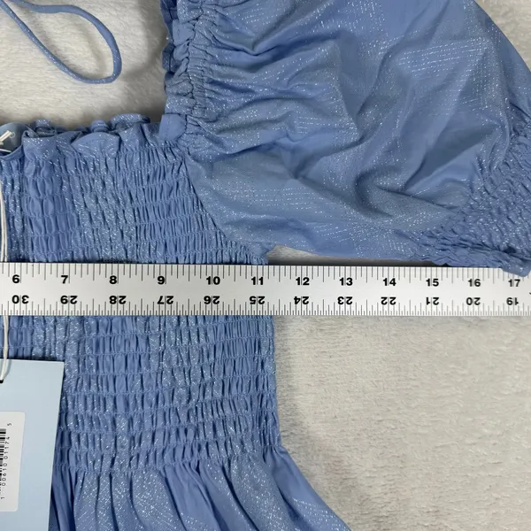 Hill House Home Athena Nap Dress XS Light Blue Glitter Check Metallic Smocked NW - Image 5