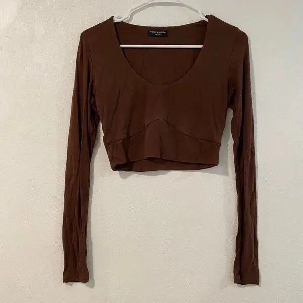 Naked Wardrobe Brown Long Sleeve Crop Top Medium Fitted Minimalist - Image 2