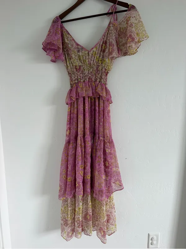 MISA Los Angeles Liv Cold Shoulder Floral Midi Dress Medium Pink Yellow Ruffle - Image 3