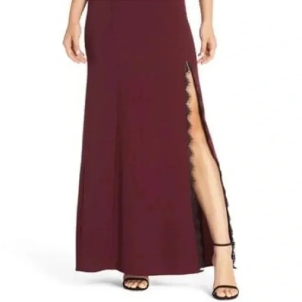 Wayf The Mia Lace Trim Front Slit Gown In Cabernet red burgundy black size XS - Image 5