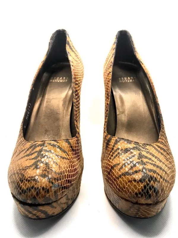 Stuart Weitzman Brown & Black Leather Animal Print Snakeskin Embossed Heels (9) - Image 5