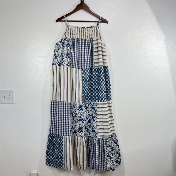 Universal Thread Womens 1X Blue White Patchwork Gingham Smocked Maxi Midi Dress - Image 3