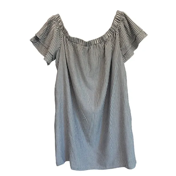 Old Navy Womens XL Blue White‎ Striped Off Shoulder Ruffle Sleeve Mini Dress - Image 7