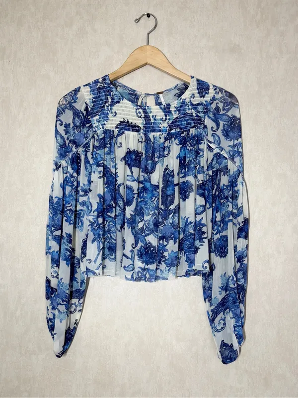 Free People Women’s Up For Anything Western Shirt Smocked Mesh Floral Blue S - Image 4