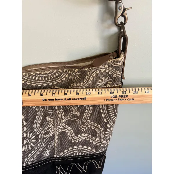 Myra Bag Canvas Leather Paisley Crossbody Shoulder Bag Boho Brown Gray - Image 7