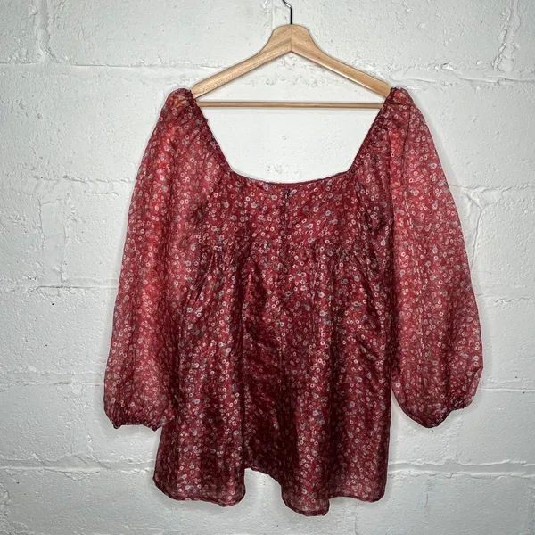 Altar'd State Women's Balloon Sheer Sleeves Floral Janey‎ Dress Burgundy Medium - Image 4