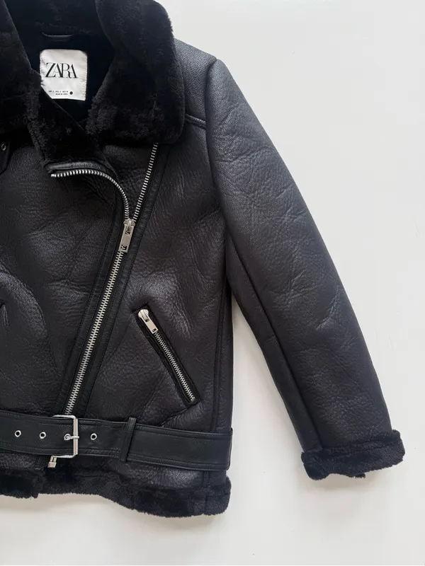 Zara Faux Leather/Fur Black Biker Jacket Size Small - Image 6
