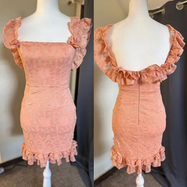 Hello Molly Lace Mini Dress Womens Size 4 Peach Coral Ruffle Off Shoulder Floral - Image 3