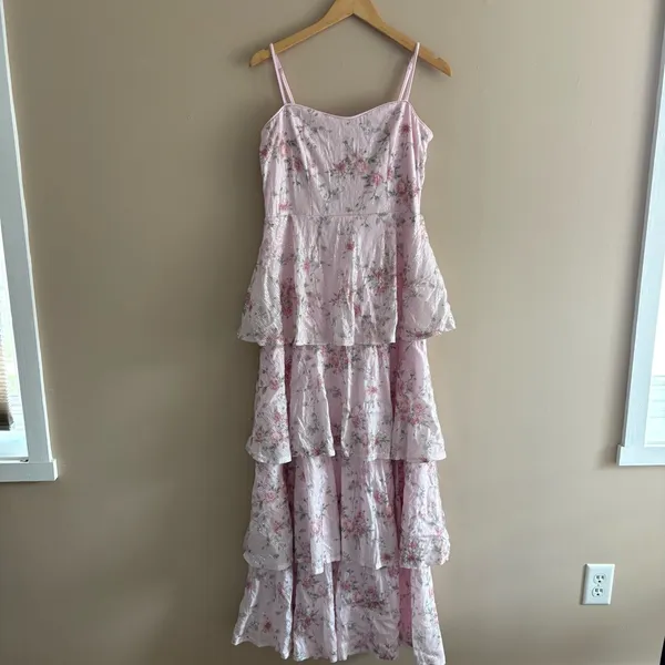 Lulus Flourishing Shine Light Pink Floral Sequin Tiered Maxi Dress Size Large - Image 5