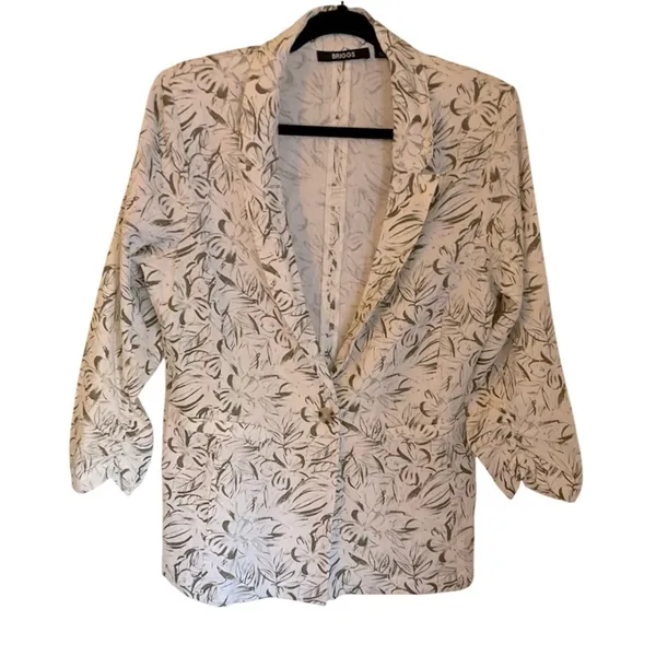 Briggs New York Tropical Leaf Print Linen-Blend Blazer Size M Sage Green - Image 14