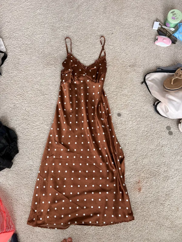 brown polka dot silk dress - Image 2
