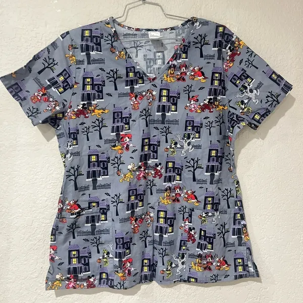 Disney Halloween Size L Multicolored Scrub Top Mickey Minnie Goofy Like new - Image 2
