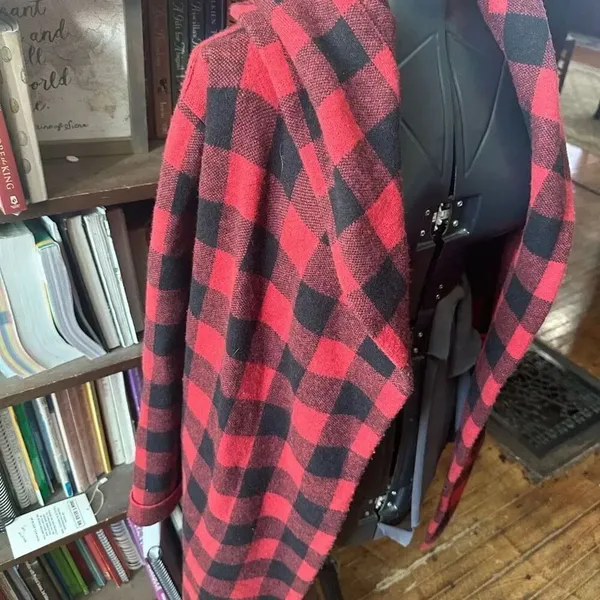 Anthro Field of Flowers red M buffalo plaid cardigan coat - Image 3