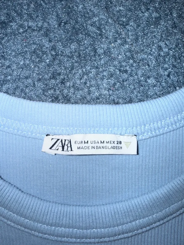 Zara Light Blue Ribbed Crew Neck Short Sleeve T-Shirt - Image 3