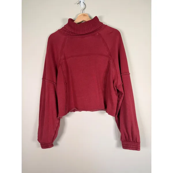 Aerie Womens Burgundy Cropped Mock‎ Neck Sweatshirt Raw Hem FK4556SH Red Small - Image 2