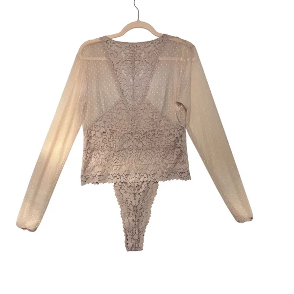 Intimately Free People Lace Swiss Dot Long Sleeve Bodysuit Mauve Pink Large - Image 5
