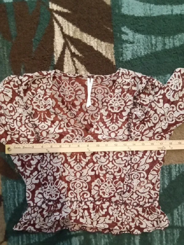 Anthropologie Jacquard Peasant Blouse Burgundy Sheer Ballon Sleeves Boho - Image 9