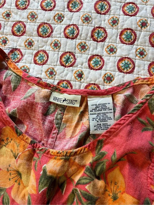 Vintage 90s Tropical Flower Hawaiian Linen Midi Dress size medium/large - Image 5