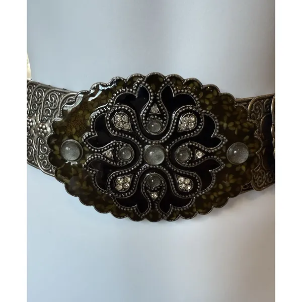 Belt OSFM Metal Silver Tone Elastic Stretch Oval Buckle w/ Enamel & Bling Vtg - Image 7