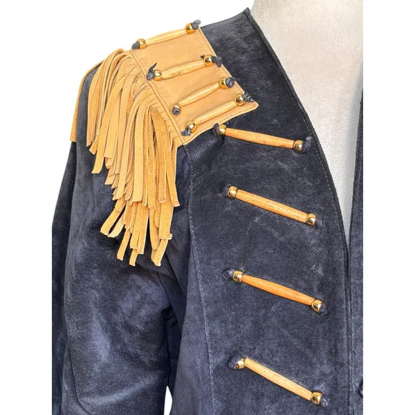 Vintage Black Suede Tan Fringe Military Jacket‎ Small Western Rocker Leather - Image 2