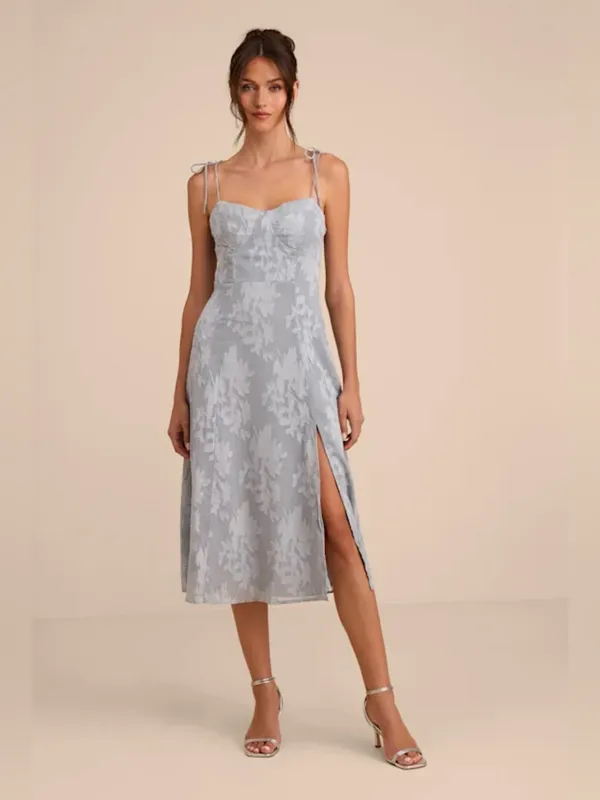 Lulus Loveliest Looks Dusty Blue Floral Jacquard Tie-Strap Midi Size Large - Image 3