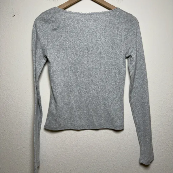 NEW Aeropostale Women Cotton Coquette Top‎ Medium Gray Ciao Pointelle Rib Bow - Image 7